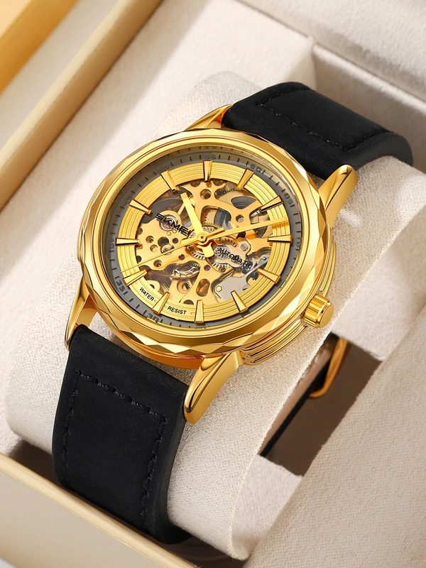 Чоловічий механічний годинник Skmei M035LGDBK Gold-Black Leather з автопідзаводом та шкіряним ремінцем