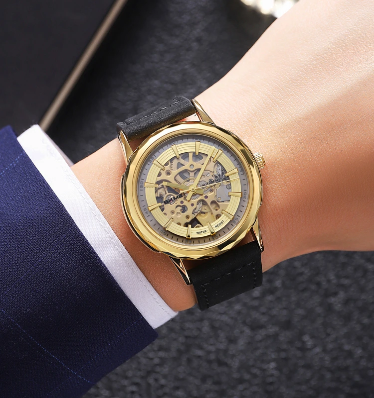 Чоловічий механічний годинник Skmei M035LGDBK Gold-Black Leather з автопідзаводом та шкіряним ремінцем — фото 3