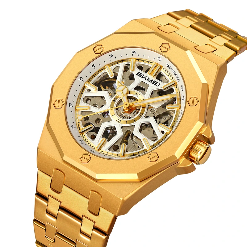 Чоловічий механічний годинник Skmei M036SGD Gold Steel з автопідзаводом та золотистим браслетом — фото 2
