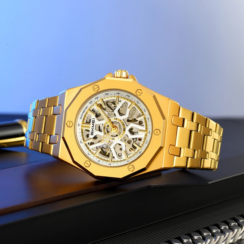 Чоловічий механічний годинник Skmei M036SGD Gold Steel з автопідзаводом та золотистим браслетом — фото 3