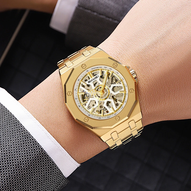 Чоловічий механічний годинник Skmei M036SGD Gold Steel з автопідзаводом та золотистим браслетом — фото 6