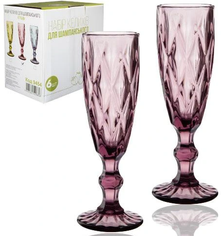Набір 6 келихів для шампанського Elodia Грані 200мл, рожеве скло
