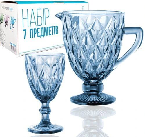 Набір для напоїв Elodia "Грані" 6 келихів 320мл і глечик 1.1л, кобальтове скло