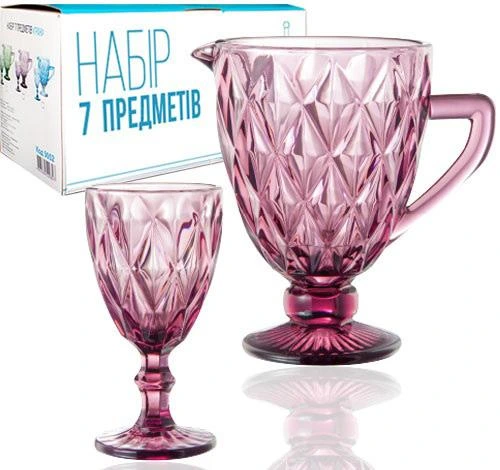 Набір для напоїв Elodia "Грані" 6 келихів 320мл і глечик 1.1л, рожеве скло