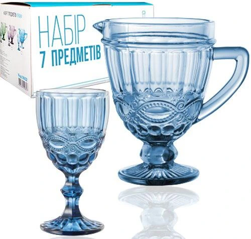 Набір для напоїв Elodia "Вінтаж" 6 келихів 340мл і глечик 1.15л, кобальтове скло