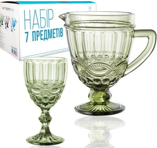 Набір для напоїв Elodia "Вінтаж" 6 келихів 340мл і глечик 1.15л, смарагдове скло