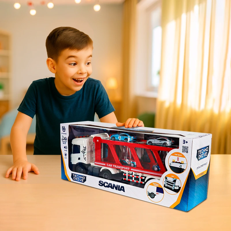 Ігровий набір серії "Large Truck" – АВТОПЕРЕВІЗНИК SCANIA (автоперевізник, 4 машини, світло, звук)