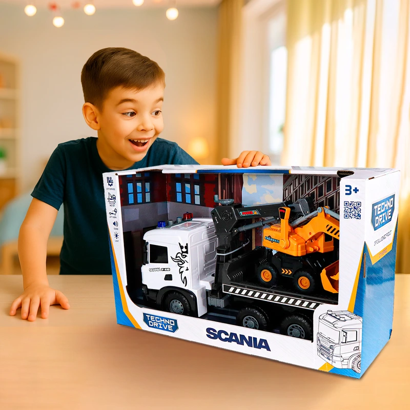 Ігровий набір серії "Super Big Truck" – АВТОКРАН SCANIA З ЕКСКАВАТОРОМ (світло, звук)
