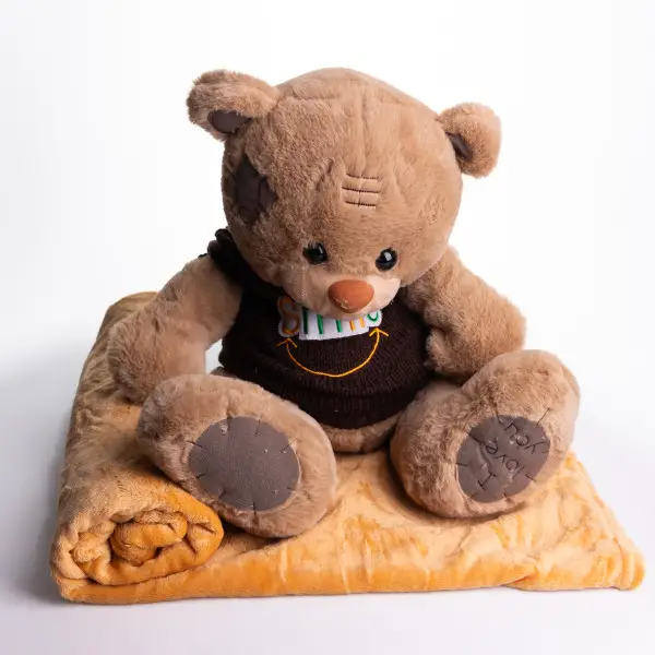 М'яка іграшка з пледом 110х140 см Ведмедик Тедді в коричневому светрі бежевий 509-35BRBR