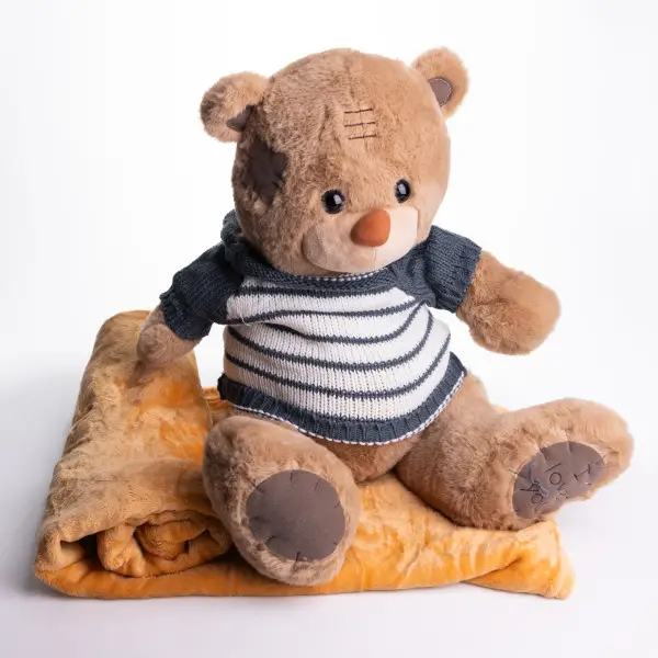 М'яка іграшка з пледом 110х140 см Ведмедик Тедді в смугастому светрі бежевий 509-35BRL