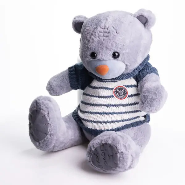М'яка іграшка з пледом 110х140 см Ведмедик Тедді в смугастому светрі сірий 509-35GBL