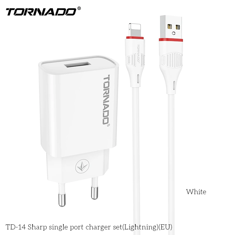 Мережевий зарядний пристрій Tornado TD-14 (1USB/2.1A/1м) + USB кабель Lightning- білий