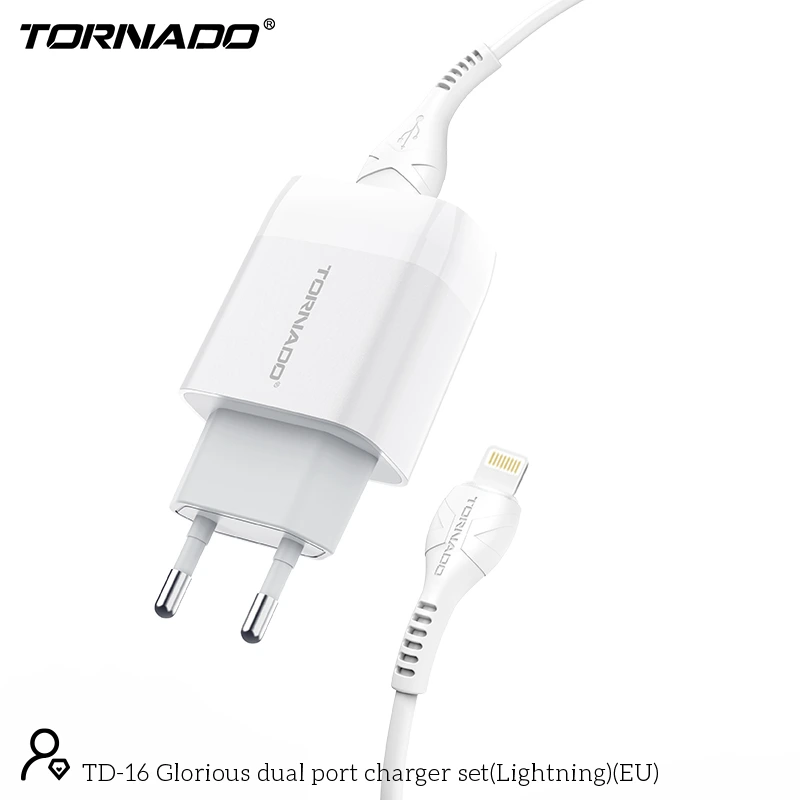 Мережевий зарядний пристрій Tornado TD-16 (2USB/2.4A/1м) + USB кабель Lightning- білий