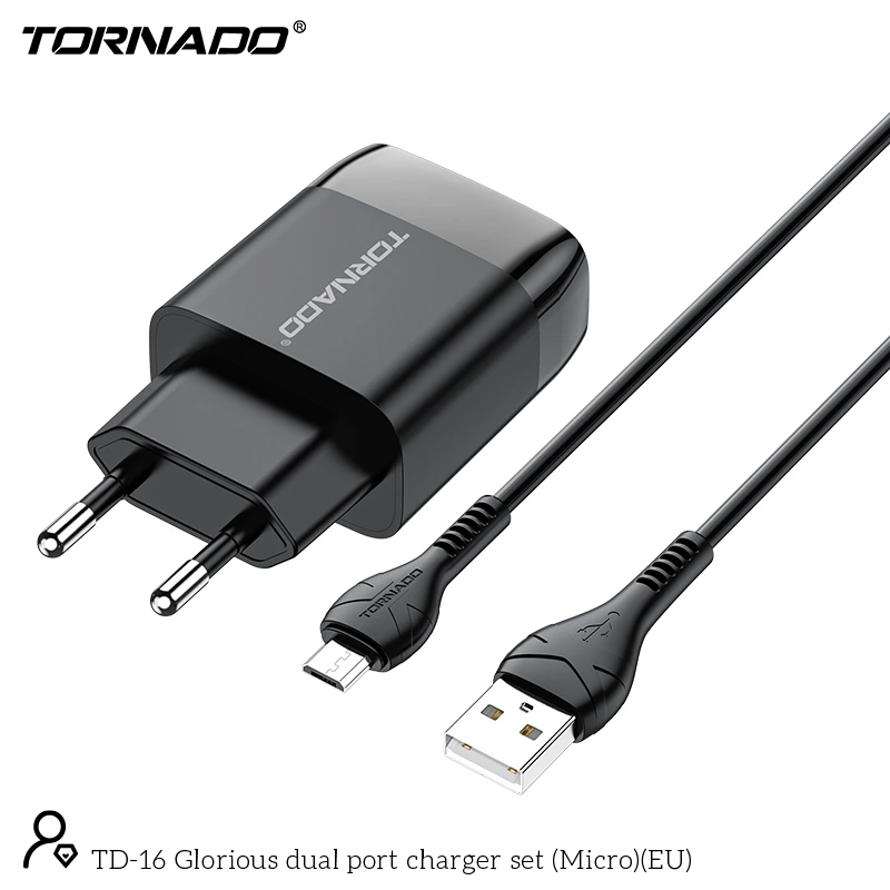 Мережевий зарядний пристрій Tornado TD-16 (2USB/2.4A/1м) + USB кабель Micro- чорний