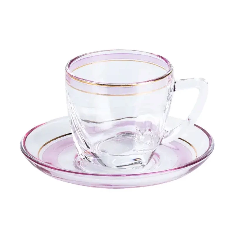 Чашки зі блюдцем скляні прозорі набір на 6 осіб Розовий HP571