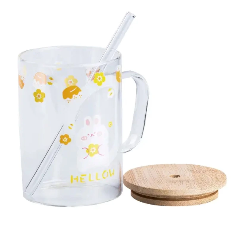 Чашка скляна з дерев'яною кришкою та трубочкою HP7214C