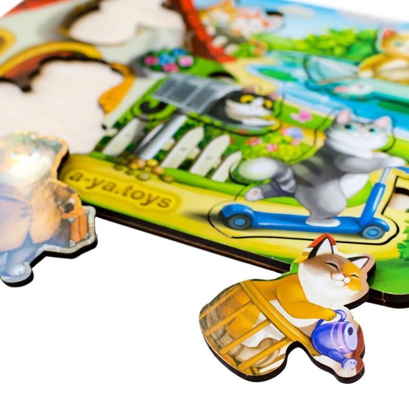 Дерев'яний пазл-вкладиш "Котики - 1" Ubumblebees (ПСД140) PSD140 з будиночком