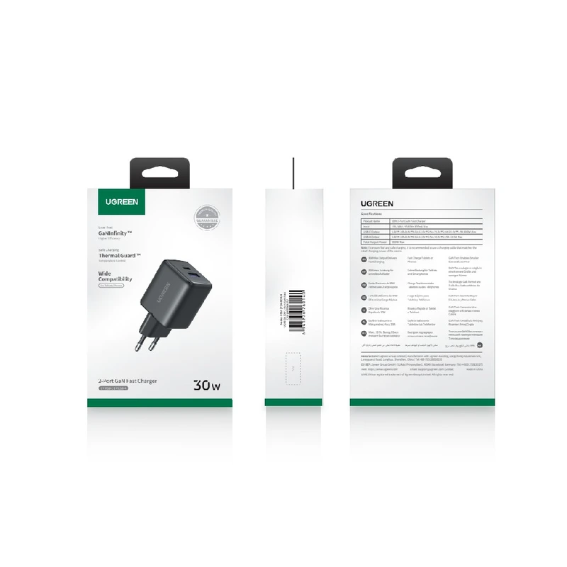 Мережевий зарядний пристрій UGREEN X516 30W 2-Port GaN Fast Charger EU Black