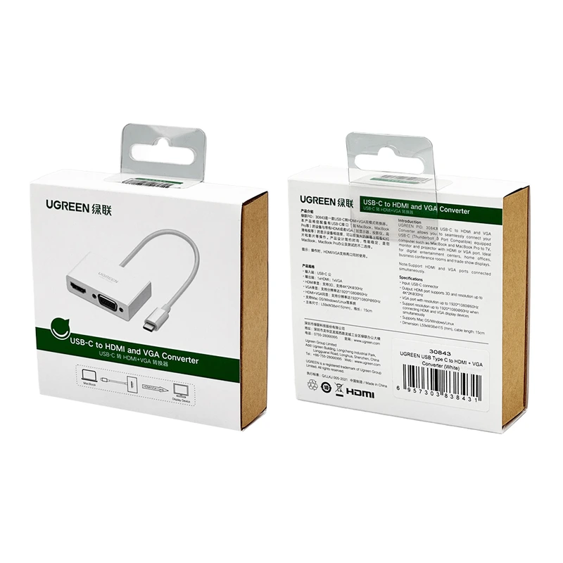 USB-хаб UGREEN USB Type C to HDMI + VGA Converter (White)