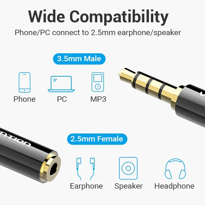 Аудіо перехідник Vention 3.5mm Male to 2.5mm Female Audio Adapter Black Metal Type (BFBB0) — фото 4