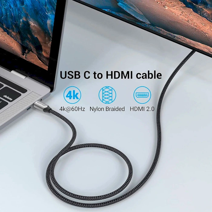 Кабель Vention Cotton Braided USB-C to HDMI Cable 1.5M Black Aluminum Alloy Type — фото 5