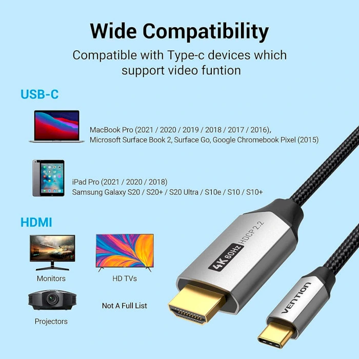 Кабель Vention Cotton Braided USB-C to HDMI Cable 1M Black Aluminum Alloy Type — фото 8