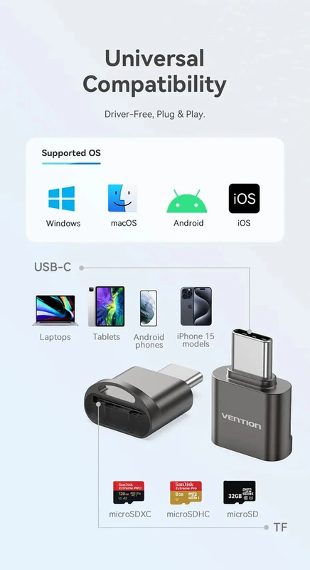 Картридер Vention USB 2.0 Type-C MicroSD Card Reader Gray Zinc Alloy Type — фото 8