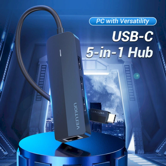 USB-хаб Vention USB-C to USB 3.0*3/RJ45/Micro-B HUB 0.15M Black ABS Type