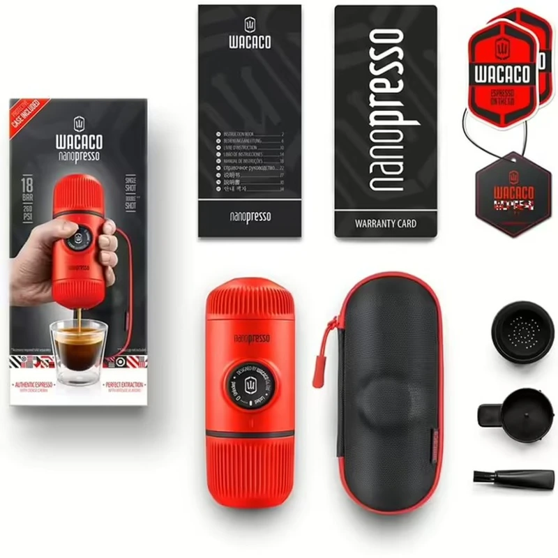 Портативна еспресо-кавоварка Wacaco Nanopresso червона з чохлом, механічна, для меленої кави