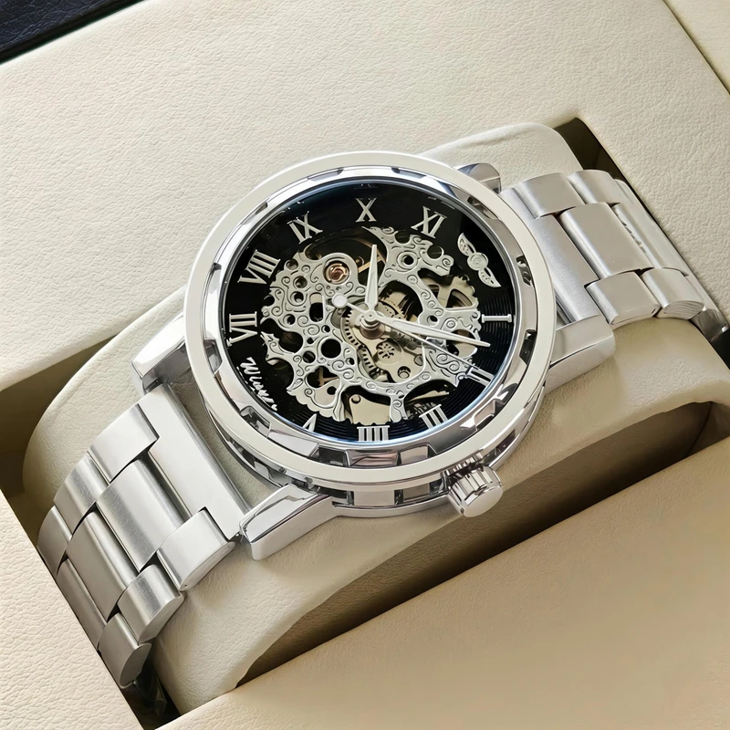 Чоловічий механічний годинник Winner Black Pure Silver, 2 ремінці