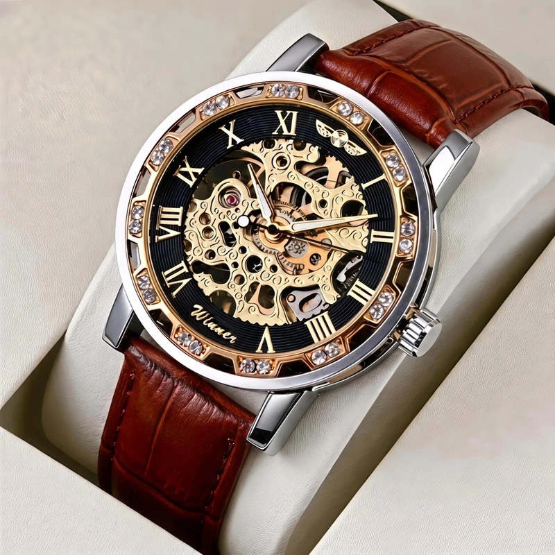 Чоловічий механічний годинник Winner Naturale Skeleton Leather