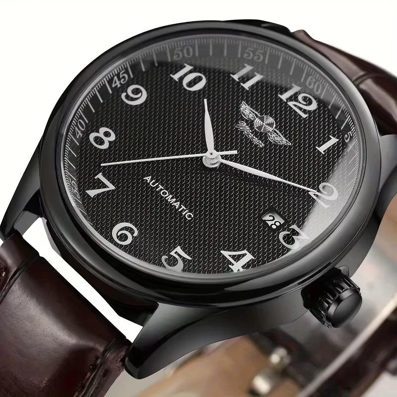 Чоловічий механічний годинник Winner 8023 Black Leather з автопідзаводом та датою