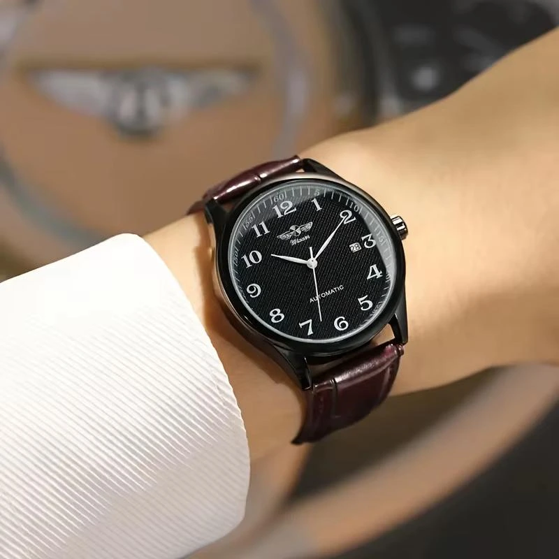 Чоловічий механічний годинник Winner 8023 Black Leather з автопідзаводом та датою — фото 4
