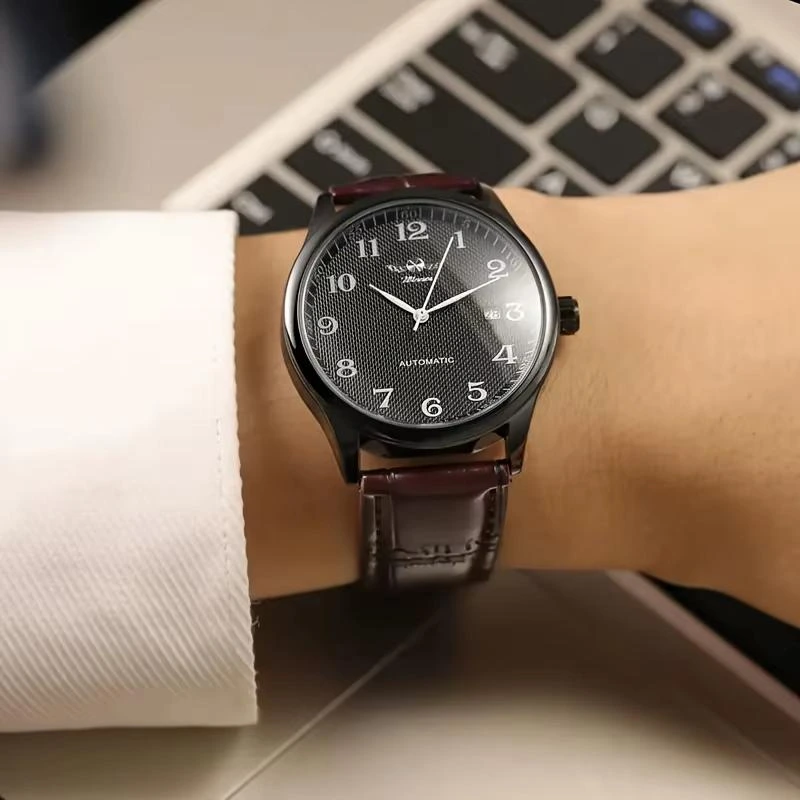 Чоловічий механічний годинник Winner 8023 Black Leather з автопідзаводом та датою — фото 5