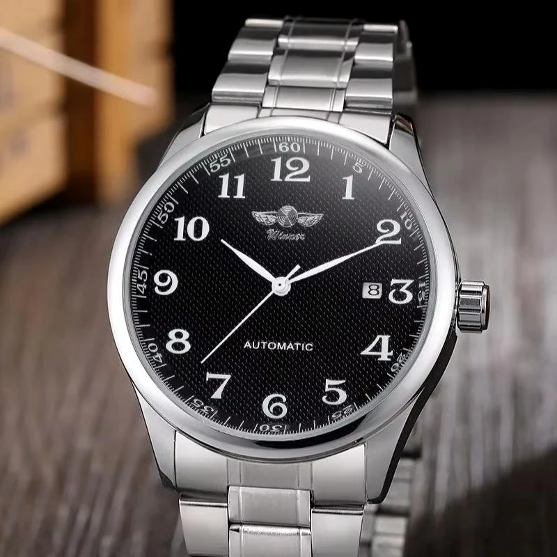 Чоловічий механічний годинник Winner 8023 Silver-Black Steel з автопідзаводом та сталевим браслетом