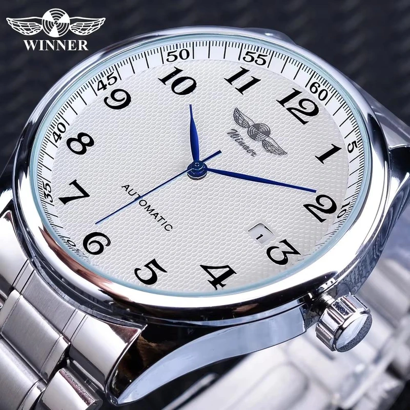 Чоловічий механічний годинник Winner 8023 Silver-White Steel з автопідзаводом та сталевим браслетом