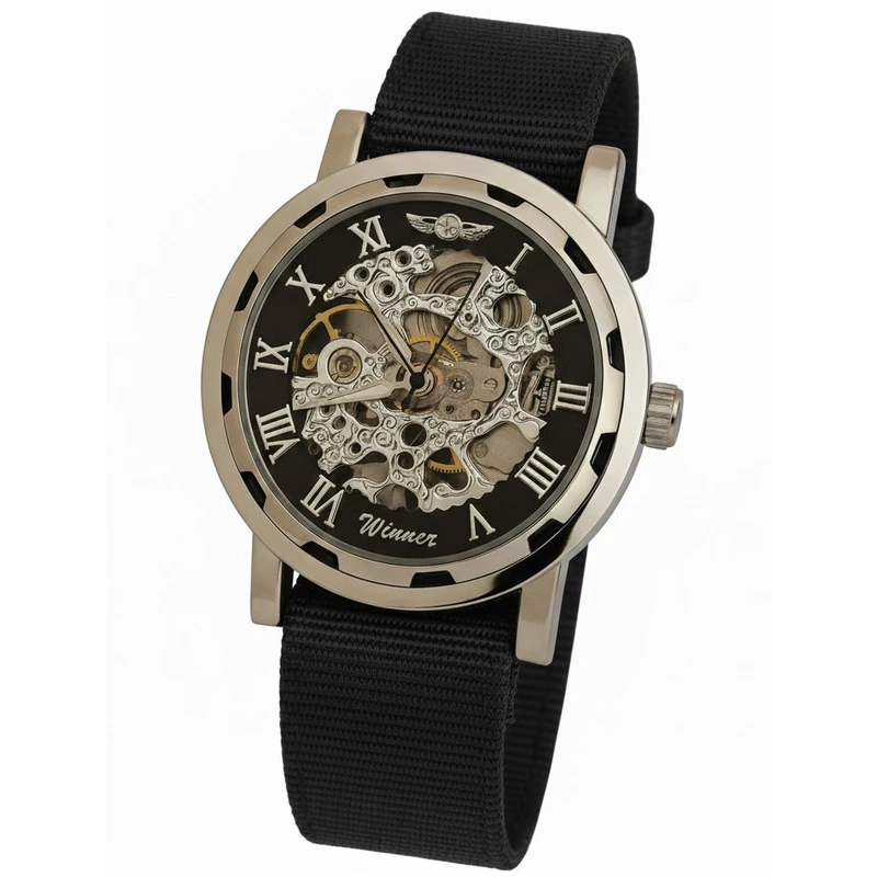 Чоловічий механічний годинник Winner Black Textile Classic, 2 ремінці