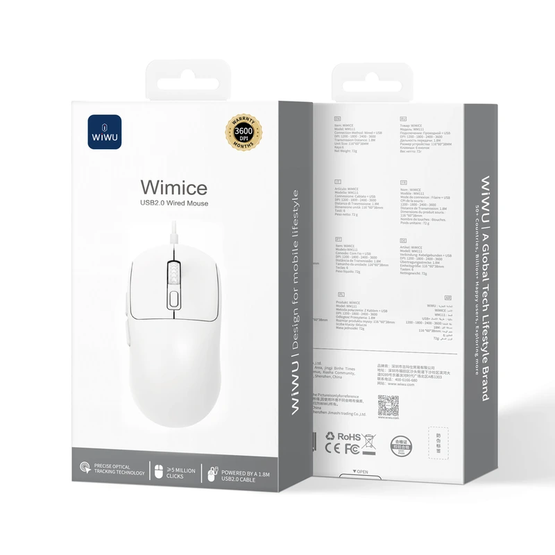 Маніпулятор миша дротова WIWU USB2.0 Wired Mouse WM111 White