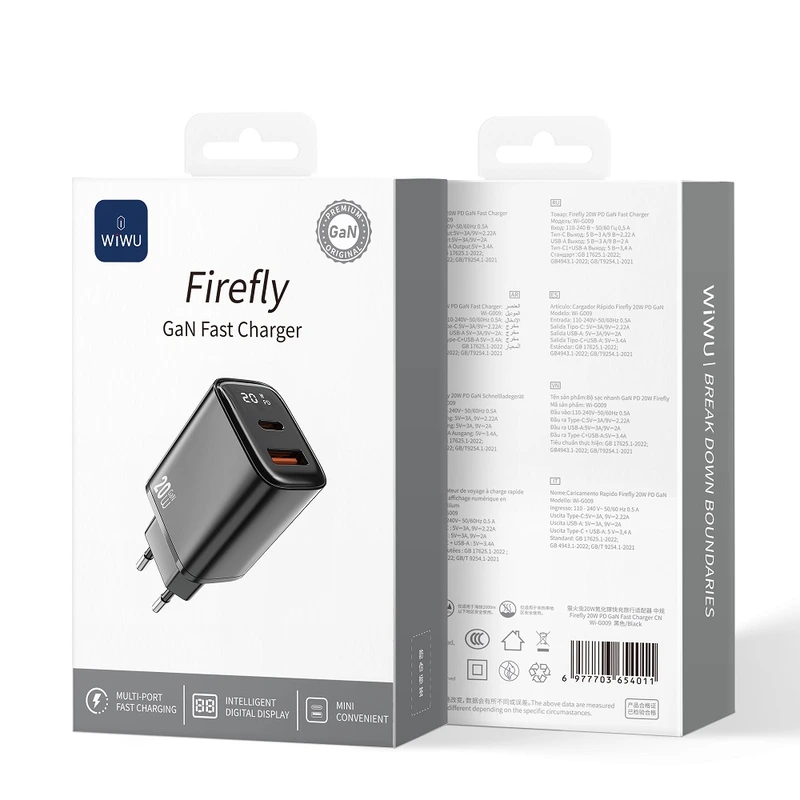 Мережевий зарядний пристрій WIWU 20W Firefly GaN Fast Charger 1A+1C with digital display Wi-G009 EU Black
