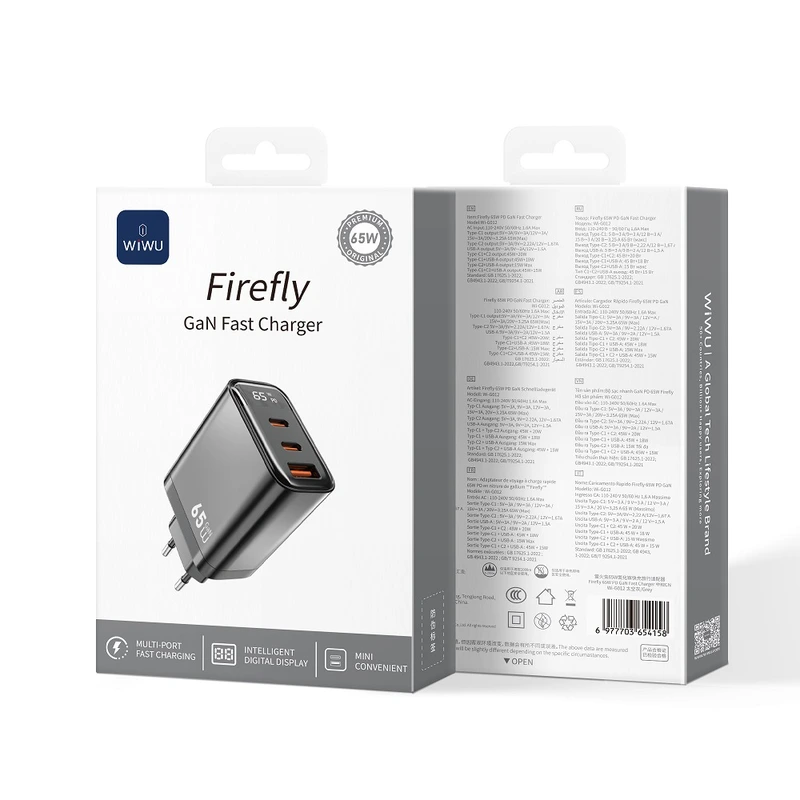 Мережевий зарядний пристрій WIWU 65W Firefly GaN Fast Charger 2C+1A Wi-G012 EU Grey