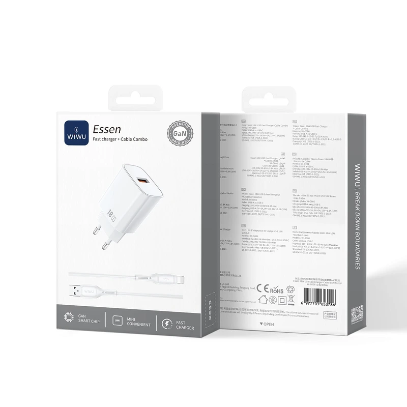 Мережевий зарядний пристрій з кабелем WIWU 18W Essen GaN Fast Charger + Cable Combo Wi-G006 A-L EU White