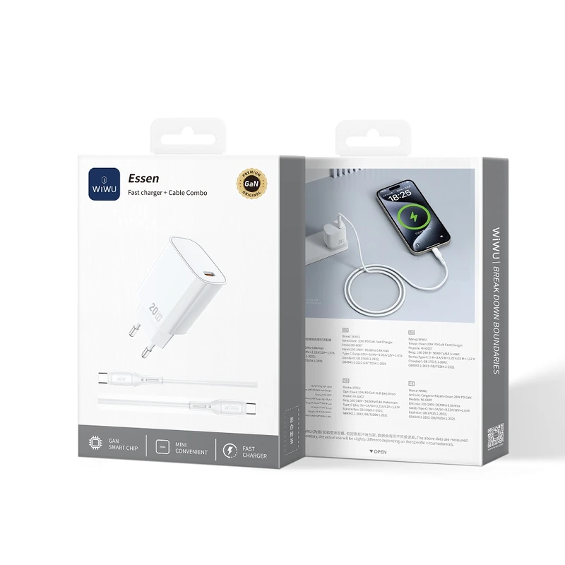 Мережевий зарядний пристрій з кабелем WIWU 20W Essen GaN Fast Charger+ Cable Combo Wi-G007 C-C EU White