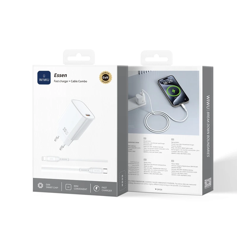 Мережевий зарядний пристрій з кабелем WIWU 20W Essen GaN Fast Charger+ Cable Combo Wi-G007 C-L EU White