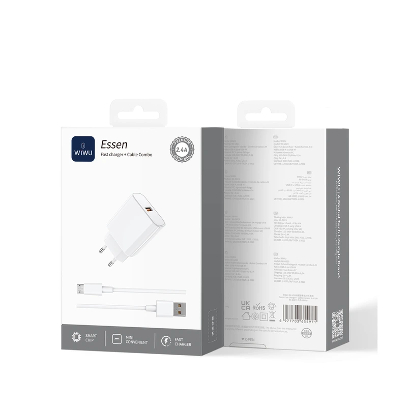 Мережевий зарядний пристрій з кабелем WIWU 2.4A Essen GaN Fast Charger Combo with A-M cable Wi-G023 A-M EU White