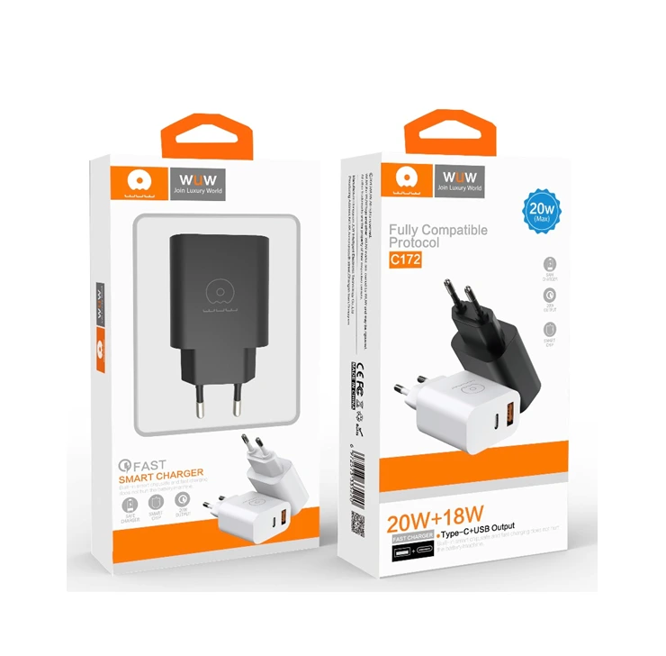 Мережевий зарядний пристрій WUW-C172 20W PD USB-C + USB QC3.0 18W black