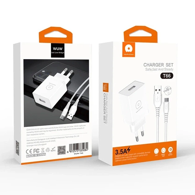 Мережевий зарядний пристрій з кабелем WUW-T66 Single USB home charger kit
