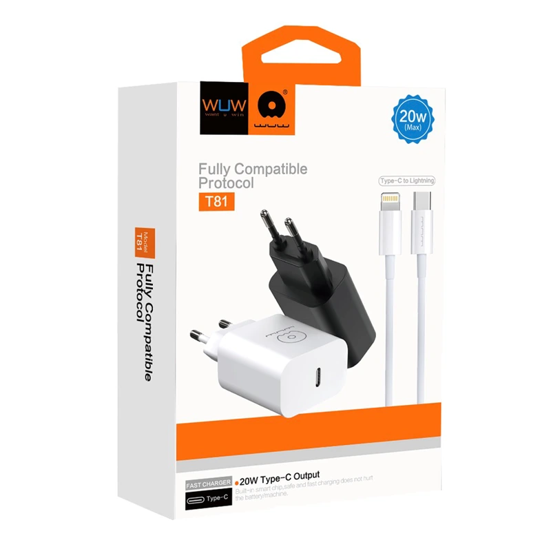 Мережевий зарядний пристрій з кабелем WUW-T81L PD 20W USB C fast charger +USB C to Lightning cable kit