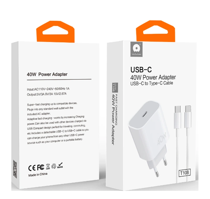 Мережевий зарядний пристрій з кабелем WUW-T108 PD 40W charger with C-C cable