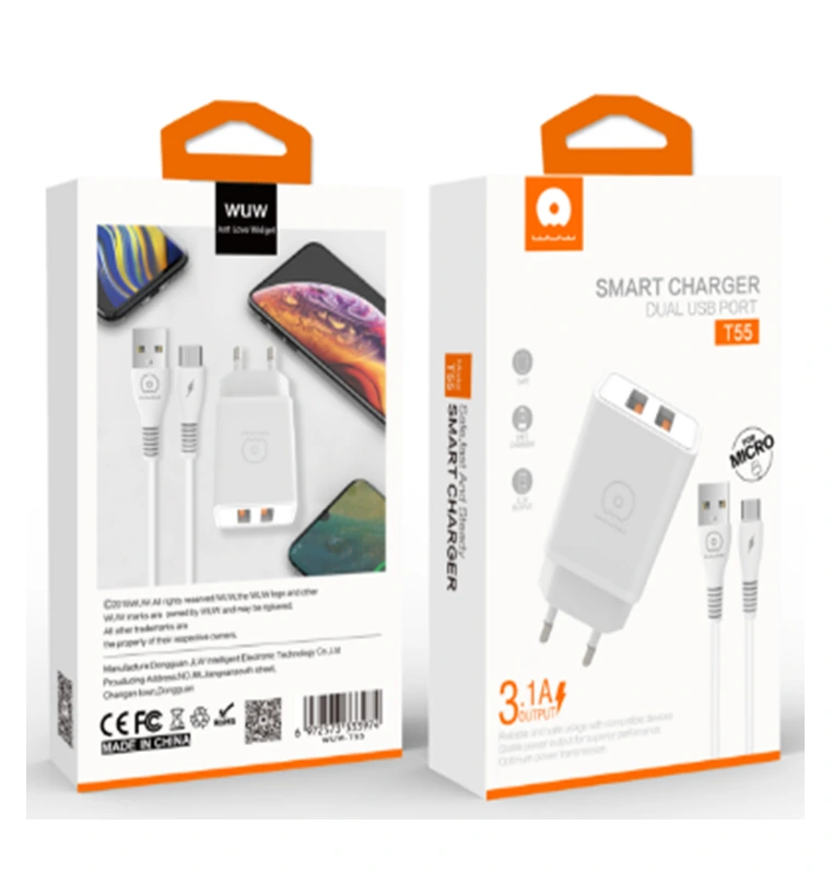 Мережевий зарядний пристрій з кабелем WUW-T55 2USB/3.1A set IP