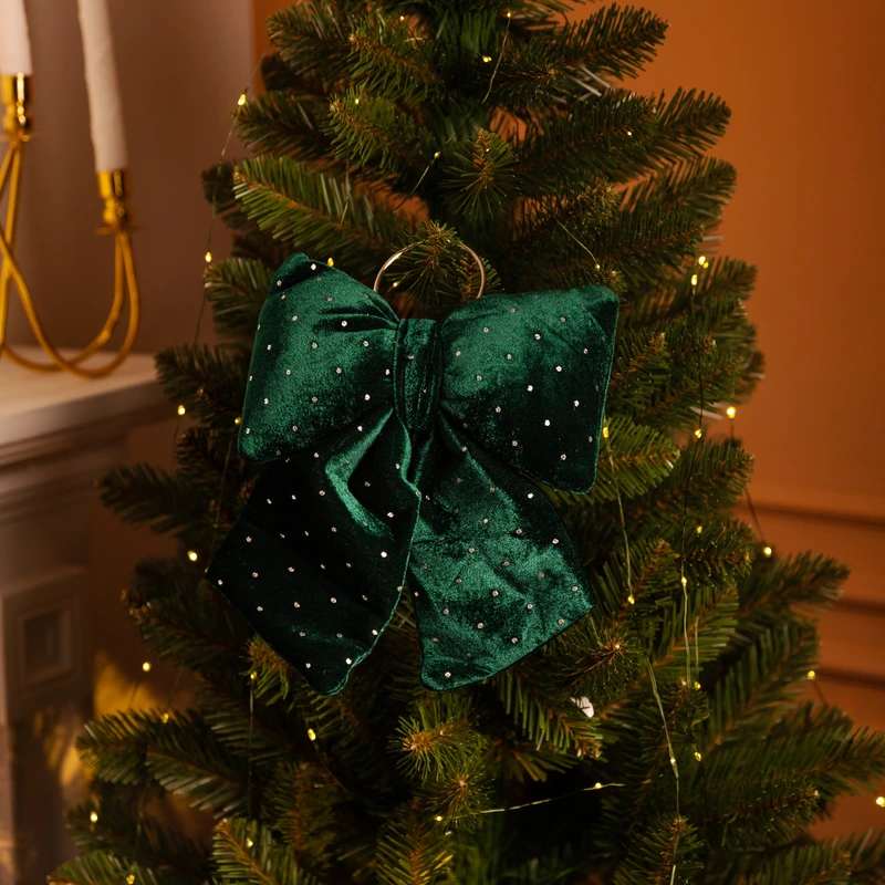 Оксамитовий бант для декору зі стразами на ялинку 25×35 (см) Зелений CR-2-12